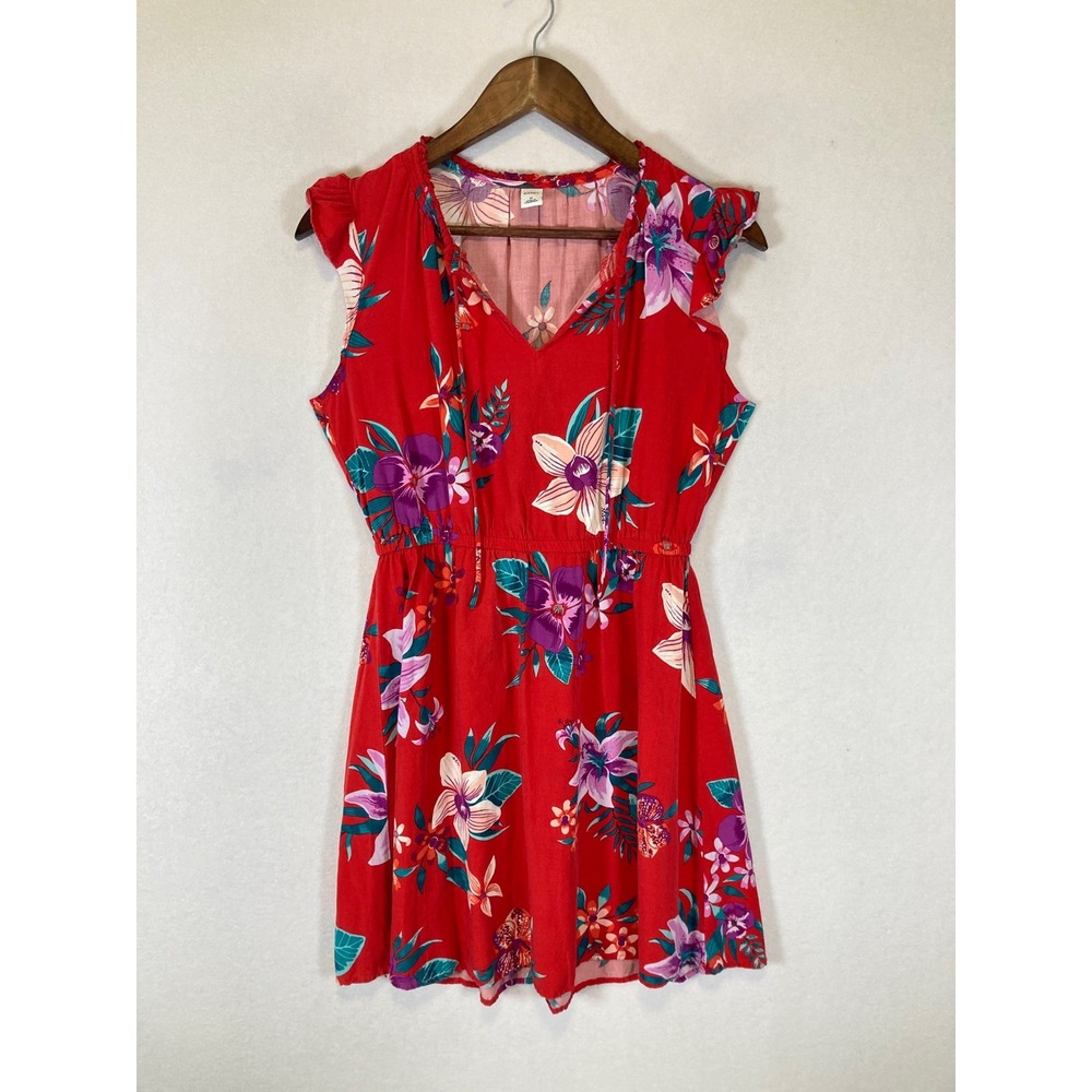 Tropical Floral Old Navy‎ Womens Medium Red Ruffle Sleeve Tie Neck Mini Dress
